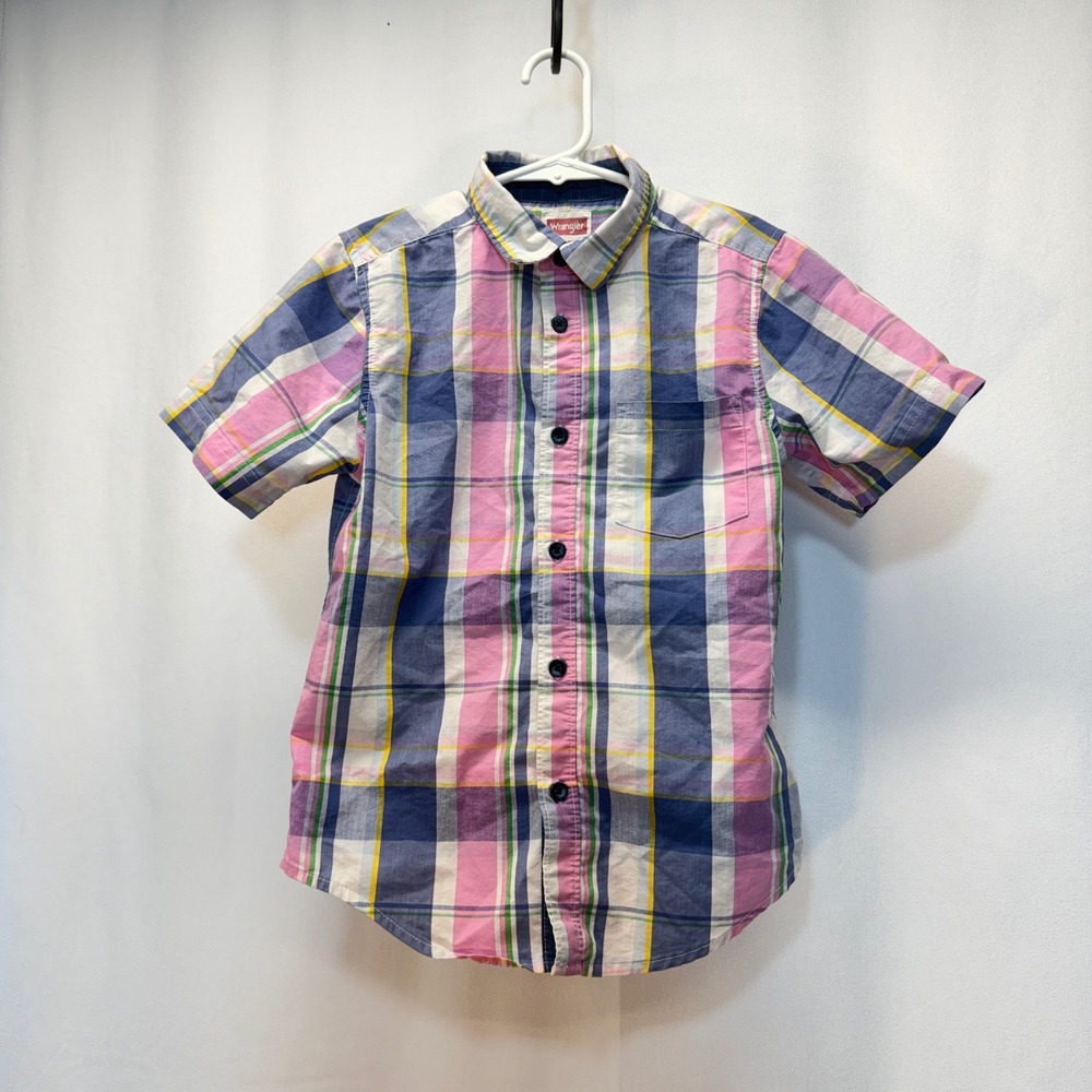 Wrangler Button Up Shirt Boys Size‎ S 6/7 Pink Blue Plaid Short Sleeve Spring
